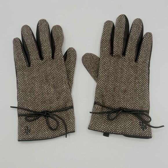 Ralph Lauren Vintage Herringbone Lamb’s Wool Lining Leather Bow Driving Gloves - - Picture 1 of 10